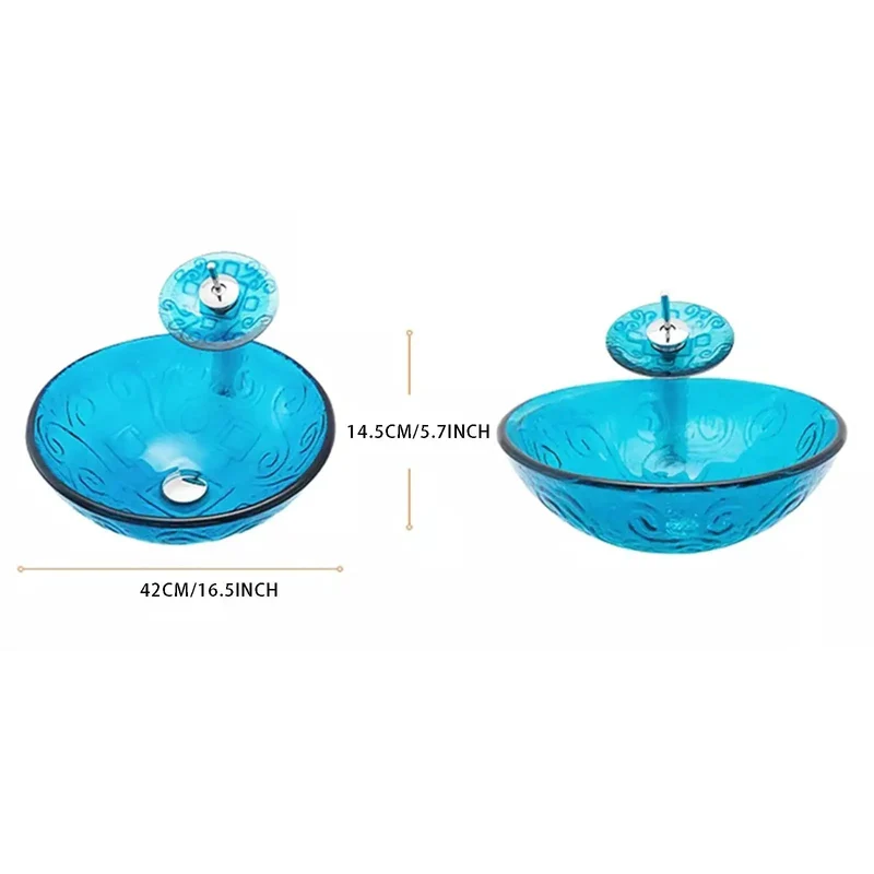 Slick Sky Blue Tempered Glass Vessel Sink With Matching Faucet And Pop Up Drain Heavy Duty Round Countertop Basin For No Sweat Bathroom Refresh Vibes