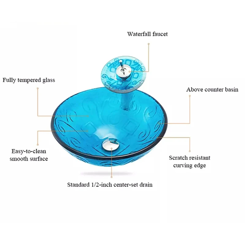 Slick Sky Blue Tempered Glass Vessel Sink With Matching Faucet And Pop Up Drain Heavy Duty Round Countertop Basin For No Sweat Bathroom Refresh Vibes