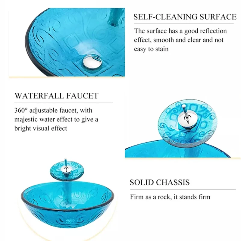 Slick Sky Blue Tempered Glass Vessel Sink With Matching Faucet And Pop Up Drain Heavy Duty Round Countertop Basin For No Sweat Bathroom Refresh Vibes