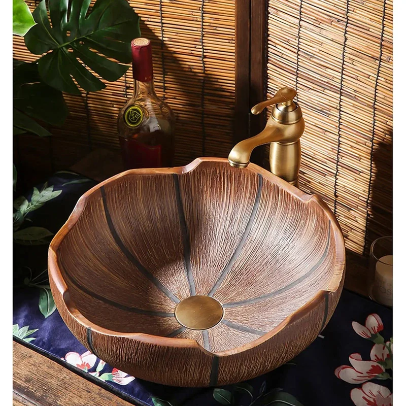 Straight Up Premium Retro Ceramic Bathroom Vessel Sink Above Counter Vanity Basin 16 Inch Sweet Finish Copper Faucet Bundle No Mess Setup Heavy Duty Self Rimming Washbowl