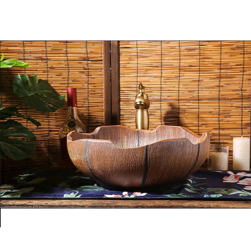 Straight Up Premium Retro Ceramic Bathroom Vessel Sink Above Counter Vanity Basin 16 Inch Sweet Finish Copper Faucet Bundle No Mess Setup Heavy Duty Self Rimming Washbowl