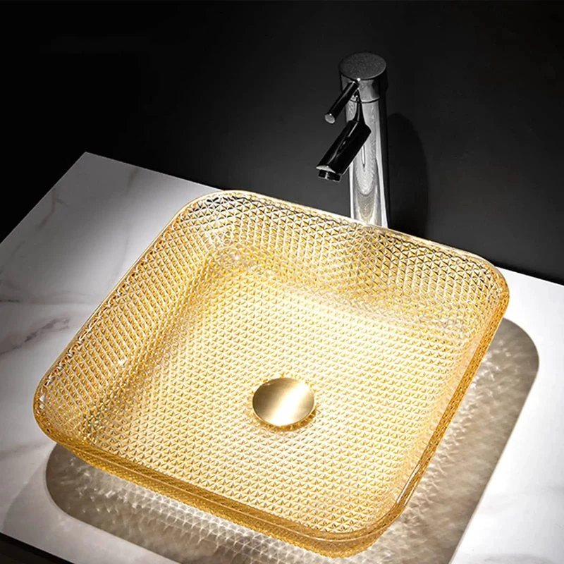 Real Deal Yellow Square Tempered Glass Vessel Sink With Waterfall Faucet And Pop Up Drain For Modern Counter Top Bathrooms No Fuss Install Smooth Glazed Vibe Total Fresh Look For Daily Use