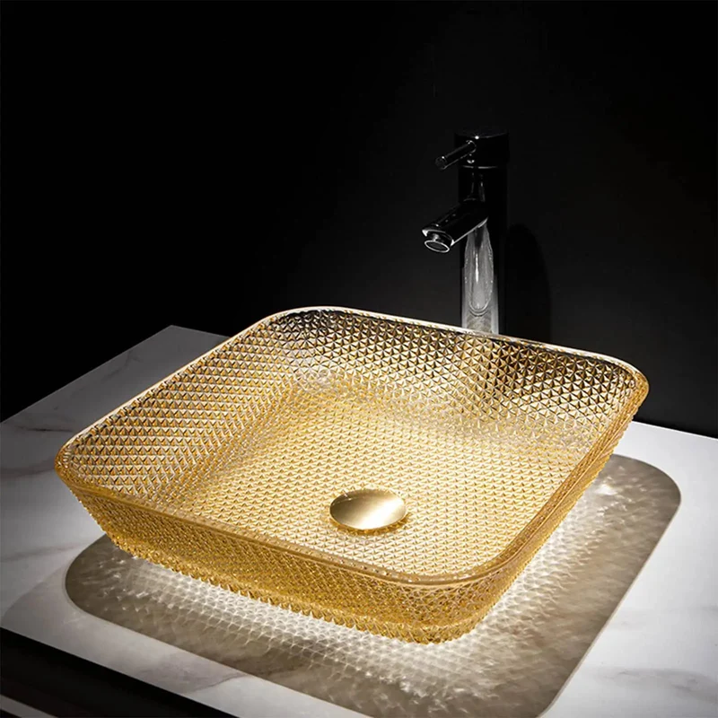 Real Deal Yellow Square Tempered Glass Vessel Sink With Waterfall Faucet And Pop Up Drain For Modern Counter Top Bathrooms No Fuss Install Smooth Glazed Vibe Total Fresh Look For Daily Use