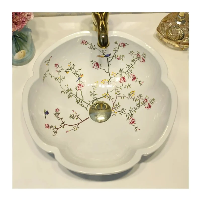 Knockout Hand Painted Ceramic Vessel Sink With Vivid Flower And Bird Designs Smooth Countertop Wash Basin For Bathroom Vanity Top Heavy Duty China Craft Work Includes Single Unit