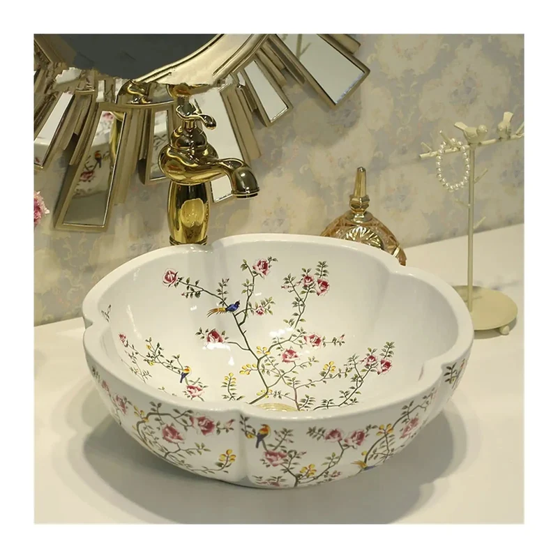 Knockout Hand Painted Ceramic Vessel Sink With Vivid Flower And Bird Designs Smooth Countertop Wash Basin For Bathroom Vanity Top Heavy Duty China Craft Work Includes Single Unit