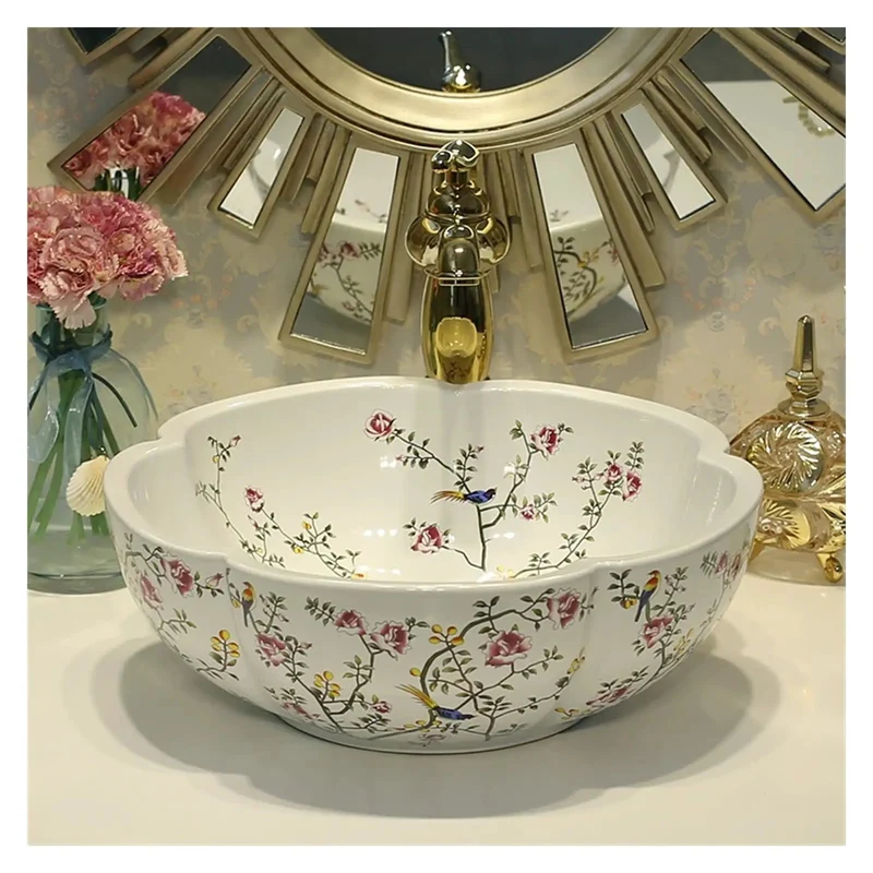 Knockout Hand Painted Ceramic Vessel Sink With Vivid Flower And Bird Designs Smooth Countertop Wash Basin For Bathroom Vanity Top Heavy Duty China Craft Work Includes Single Unit