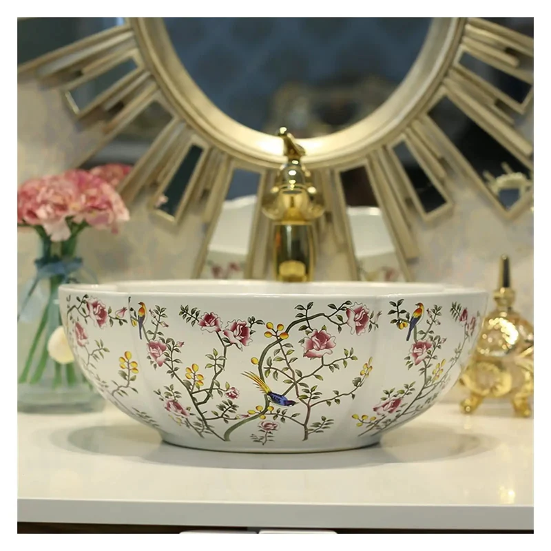Knockout Hand Painted Ceramic Vessel Sink With Vivid Flower And Bird Designs Smooth Countertop Wash Basin For Bathroom Vanity Top Heavy Duty China Craft Work Includes Single Unit