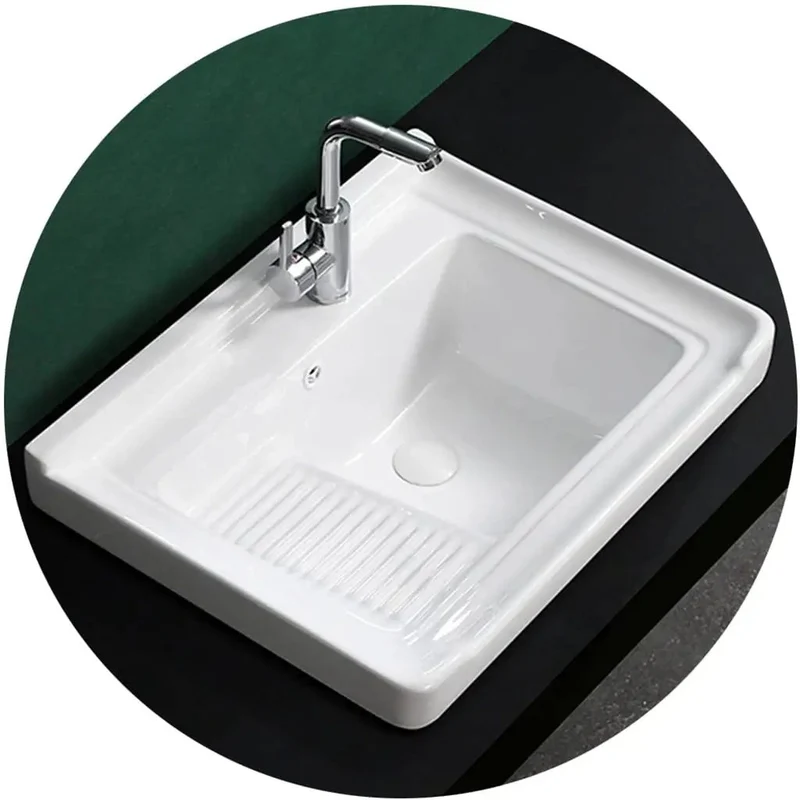 Straight Up Heavy Duty Ceramic Laundry Sink Single Bowl Vessel Basin With Integrated Washboard Semi Recessed Square Design Includes Faucet Drain Line And Valves No Mess Setup For Laundry Room Balcony Or Mudroom