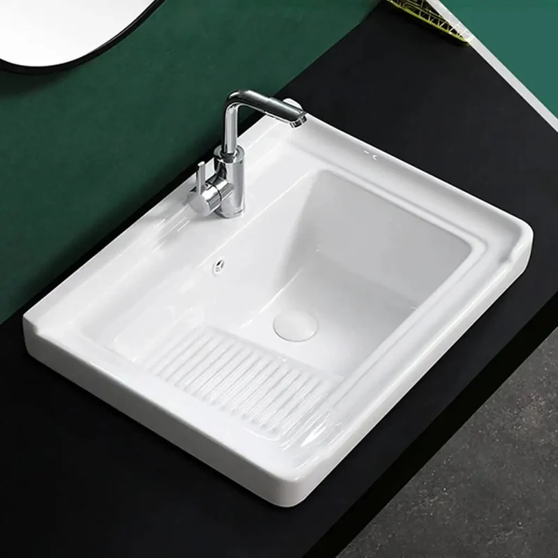 Straight Up Heavy Duty Ceramic Laundry Sink Single Bowl Vessel Basin With Integrated Washboard Semi Recessed Square Design Includes Faucet Drain Line And Valves No Mess Setup For Laundry Room Balcony Or Mudroom