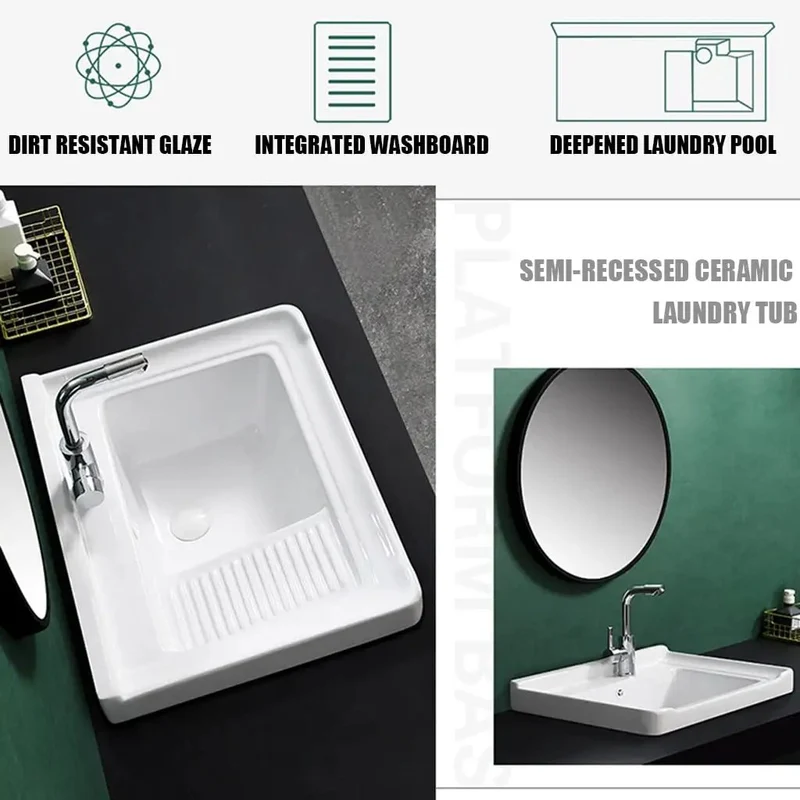Straight Up Heavy Duty Ceramic Laundry Sink Single Bowl Vessel Basin With Integrated Washboard Semi Recessed Square Design Includes Faucet Drain Line And Valves No Mess Setup For Laundry Room Balcony Or Mudroom