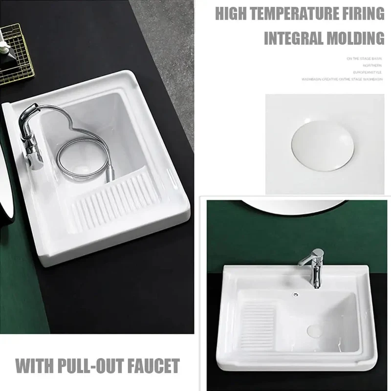 Straight Up Heavy Duty Ceramic Laundry Sink Single Bowl Vessel Basin With Integrated Washboard Semi Recessed Square Design Includes Faucet Drain Line And Valves No Mess Setup For Laundry Room Balcony Or Mudroom