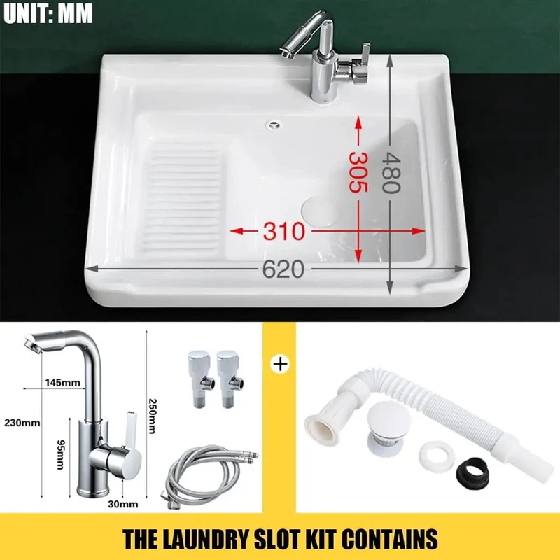 Straight Up Heavy Duty Ceramic Laundry Sink Single Bowl Vessel Basin With Integrated Washboard Semi Recessed Square Design Includes Faucet Drain Line And Valves No Mess Setup For Laundry Room Balcony Or Mudroom