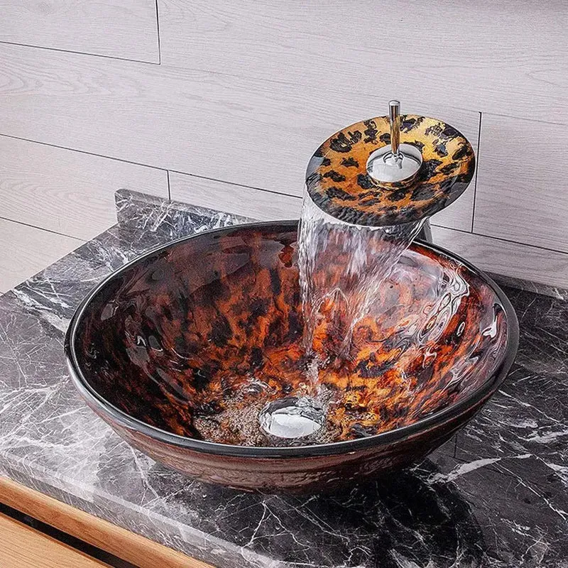 Top Shelf Tempered Glass Vessel Sink Above Counter Bathroom Vanity Bowl With Matching Waterfall Faucet And Pop Up Drain Combo Solid Scratch Stain Resistant Premium Heavy Duty Build