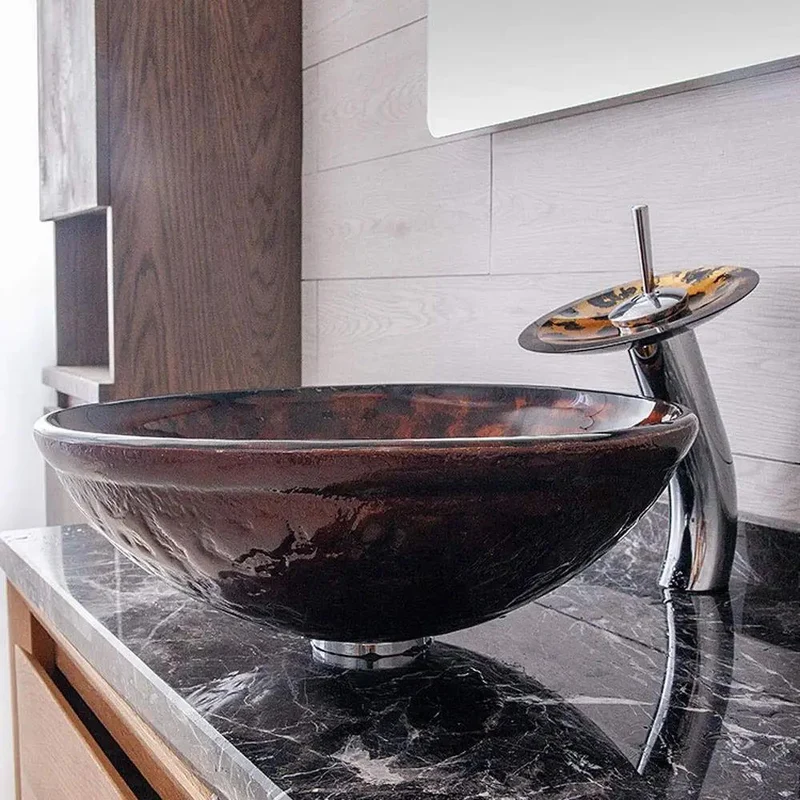 Top Shelf Tempered Glass Vessel Sink Above Counter Bathroom Vanity Bowl With Matching Waterfall Faucet And Pop Up Drain Combo Solid Scratch Stain Resistant Premium Heavy Duty Build