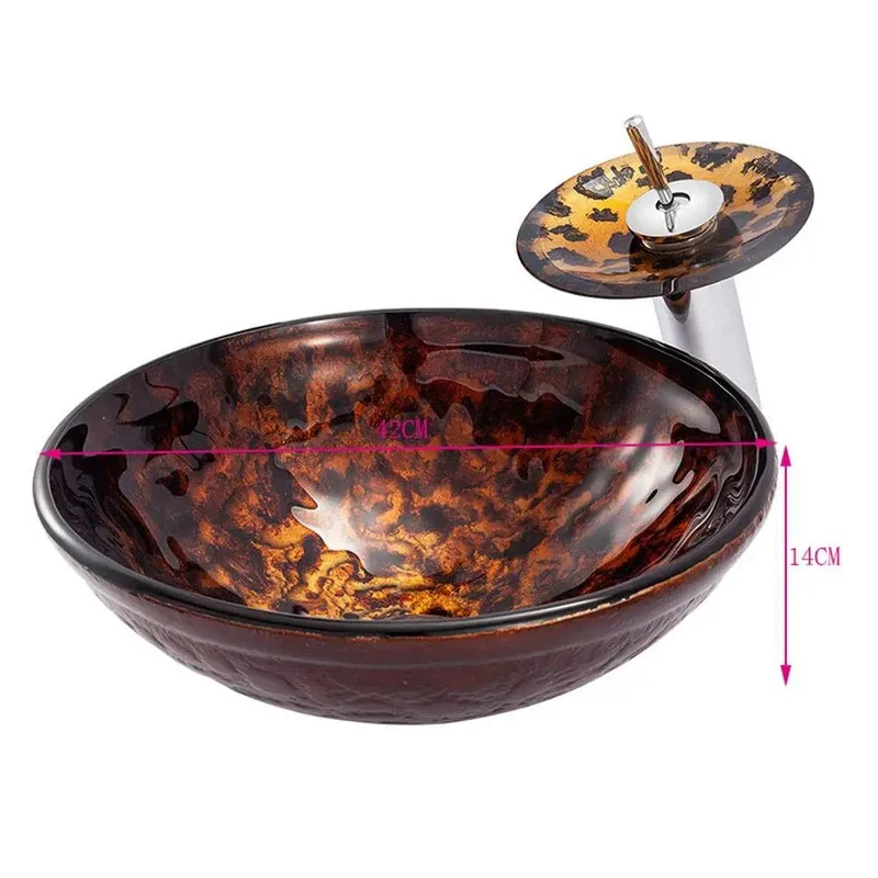 Top Shelf Tempered Glass Vessel Sink Above Counter Bathroom Vanity Bowl With Matching Waterfall Faucet And Pop Up Drain Combo Solid Scratch Stain Resistant Premium Heavy Duty Build
