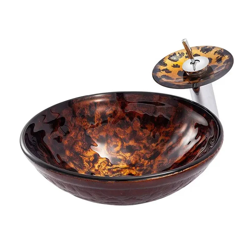 Top Shelf Tempered Glass Vessel Sink Above Counter Bathroom Vanity Bowl With Matching Waterfall Faucet And Pop Up Drain Combo Solid Scratch Stain Resistant Premium Heavy Duty Build