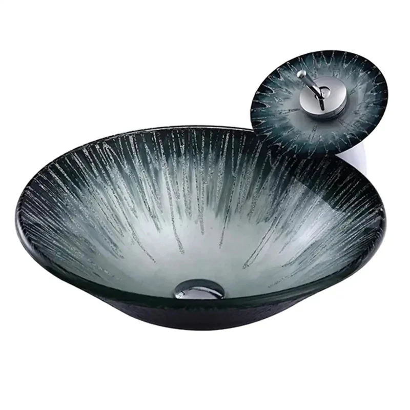18 Inch Tempered Glass Vessel Sink With Badass Starlight Design For Above Counter Bathroom Vanity Featuring Rock Solid Build Sleek Basin Bowl With Slick Waterfall Faucet And Pop Up Drain Kit