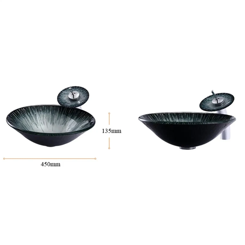 18 Inch Tempered Glass Vessel Sink With Badass Starlight Design For Above Counter Bathroom Vanity Featuring Rock Solid Build Sleek Basin Bowl With Slick Waterfall Faucet And Pop Up Drain Kit