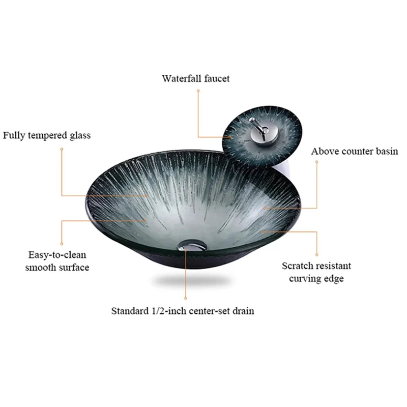18 Inch Tempered Glass Vessel Sink With Badass Starlight Design For Above Counter Bathroom Vanity Featuring Rock Solid Build Sleek Basin Bowl With Slick Waterfall Faucet And Pop Up Drain Kit