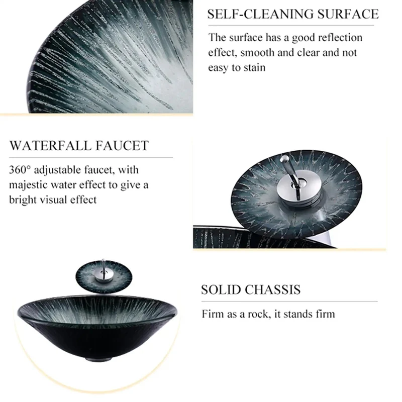 18 Inch Tempered Glass Vessel Sink With Badass Starlight Design For Above Counter Bathroom Vanity Featuring Rock Solid Build Sleek Basin Bowl With Slick Waterfall Faucet And Pop Up Drain Kit
