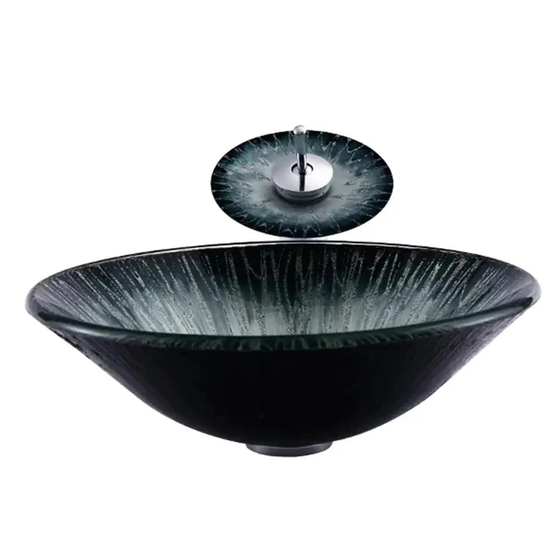 18 Inch Tempered Glass Vessel Sink With Badass Starlight Design For Above Counter Bathroom Vanity Featuring Rock Solid Build Sleek Basin Bowl With Slick Waterfall Faucet And Pop Up Drain Kit