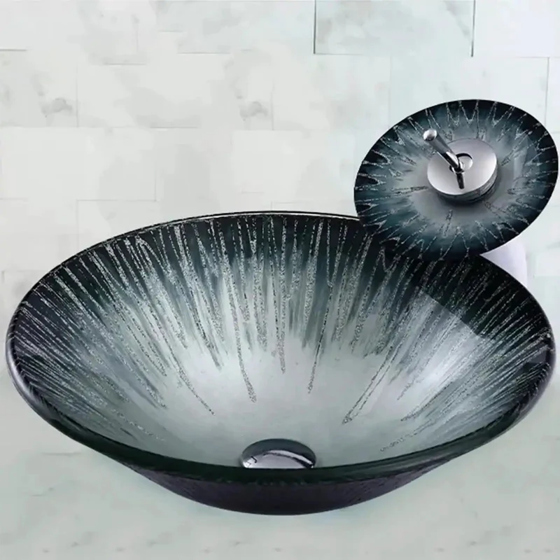 18 Inch Tempered Glass Vessel Sink With Badass Starlight Design For Above Counter Bathroom Vanity Featuring Rock Solid Build Sleek Basin Bowl With Slick Waterfall Faucet And Pop Up Drain Kit