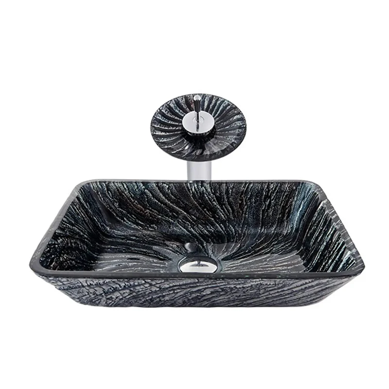 Top Shelf Tempered Glass Vessel Sink With Waterfall Faucet And Pop Up Drain Smooth Scratch Resistant Shine Countertop Wash Basin For A Dope Bathroom Refresh