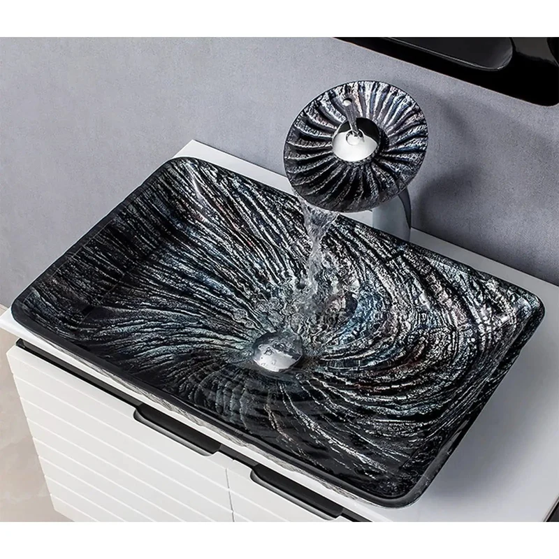 Top Shelf Tempered Glass Vessel Sink With Waterfall Faucet And Pop Up Drain Smooth Scratch Resistant Shine Countertop Wash Basin For A Dope Bathroom Refresh