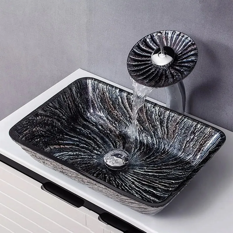 Top Shelf Tempered Glass Vessel Sink With Waterfall Faucet And Pop Up Drain Smooth Scratch Resistant Shine Countertop Wash Basin For A Dope Bathroom Refresh