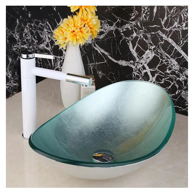 Hella Smooth Tempered Glass Boat Style Vessel Sink And Faucet Combo Fits Bathroom Vanity Washbasin Bowl Lavatory Basin 22 Inch Real Deal Upgrade Cleanup Durable Gloss Finish Total Vibe Change Clean Lines Chic Style Daily Use Easy Wipe Down