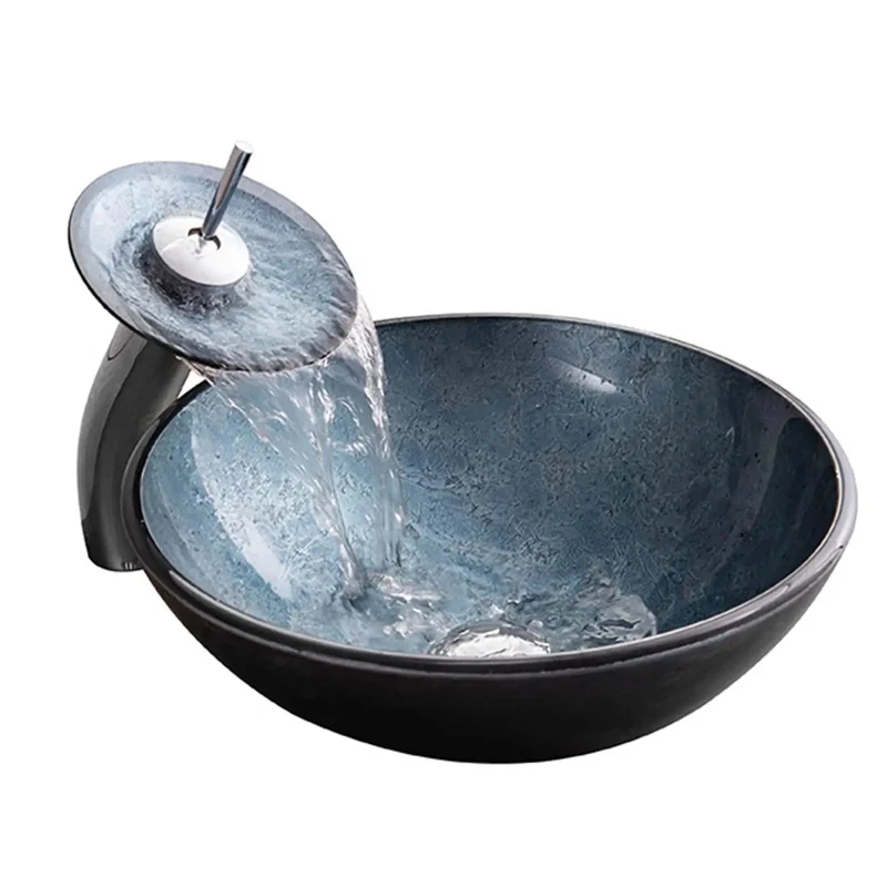 Sleek Blue Tempered Glass Vessel Sink, 16.5 Inch Round Countertop Basin With Waterfall Faucet And Pop Up Drain, Rock Solid Build, Clean Lines That Really Steal The Show For Any Bath