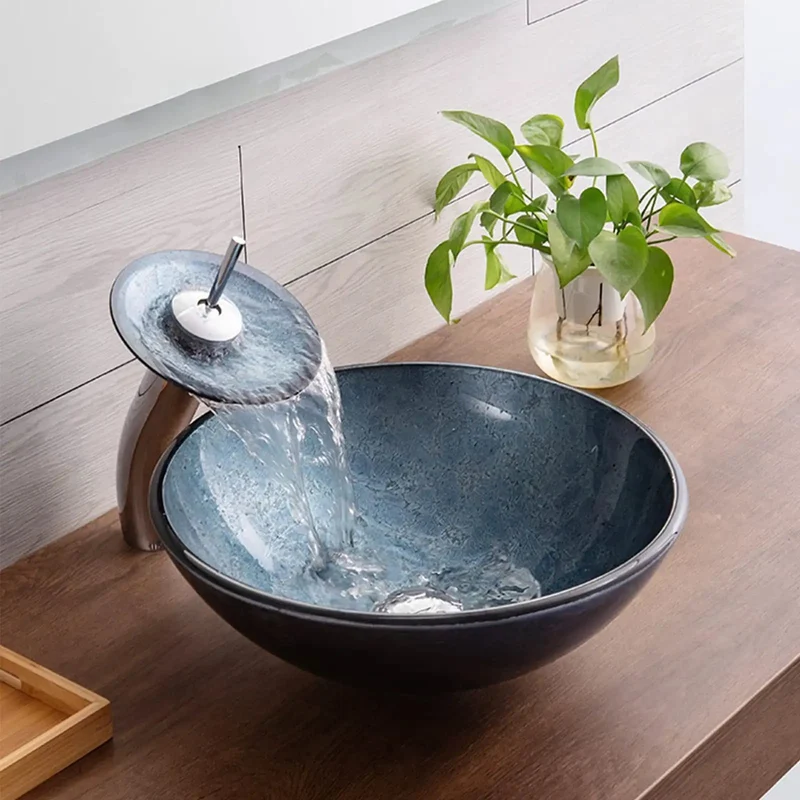 Sleek Blue Tempered Glass Vessel Sink, 16.5 Inch Round Countertop Basin With Waterfall Faucet And Pop Up Drain, Rock Solid Build, Clean Lines That Really Steal The Show For Any Bath