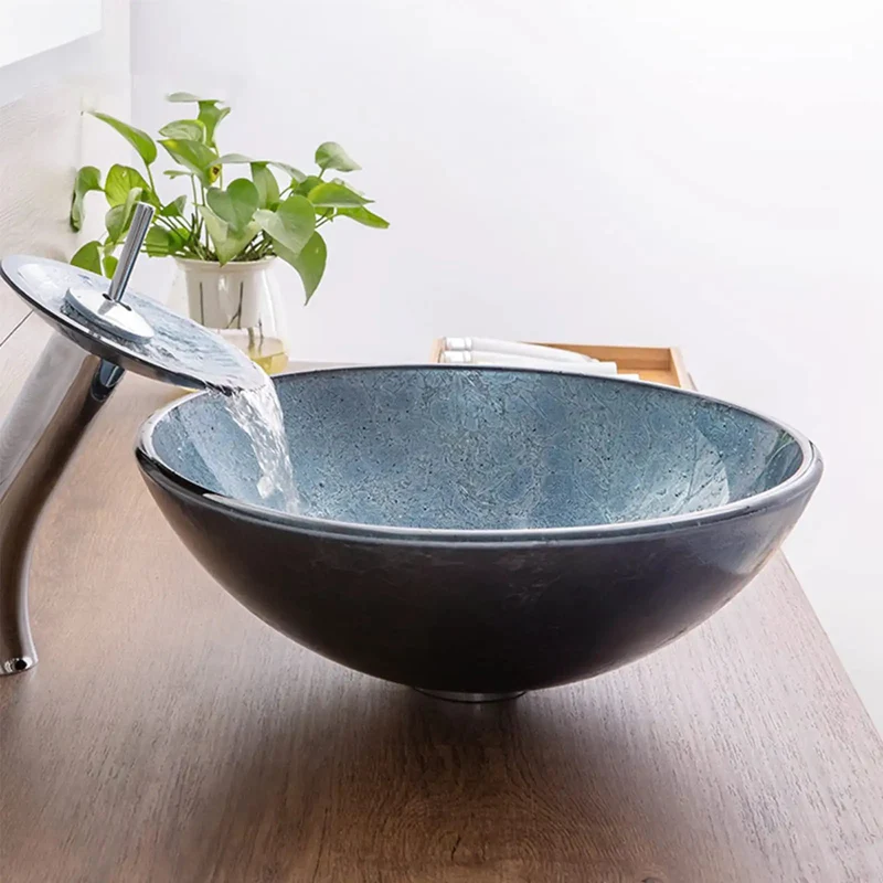Sleek Blue Tempered Glass Vessel Sink, 16.5 Inch Round Countertop Basin With Waterfall Faucet And Pop Up Drain, Rock Solid Build, Clean Lines That Really Steal The Show For Any Bath