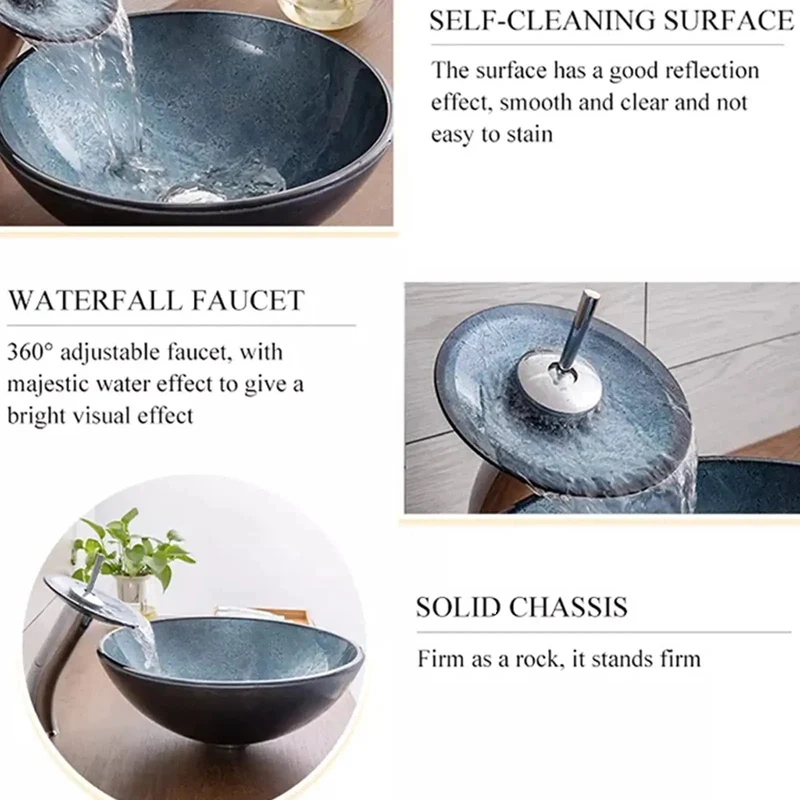 Sleek Blue Tempered Glass Vessel Sink, 16.5 Inch Round Countertop Basin With Waterfall Faucet And Pop Up Drain, Rock Solid Build, Clean Lines That Really Steal The Show For Any Bath