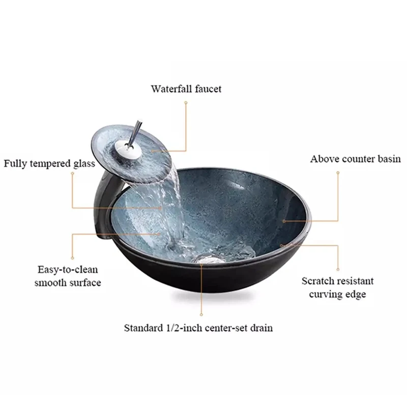Sleek Blue Tempered Glass Vessel Sink, 16.5 Inch Round Countertop Basin With Waterfall Faucet And Pop Up Drain, Rock Solid Build, Clean Lines That Really Steal The Show For Any Bath