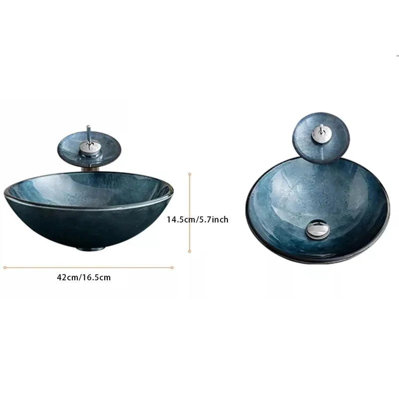 Sleek Blue Tempered Glass Vessel Sink, 16.5 Inch Round Countertop Basin With Waterfall Faucet And Pop Up Drain, Rock Solid Build, Clean Lines That Really Steal The Show For Any Bath