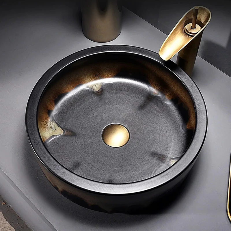 Top Shelf Round Ceramic Vessel Sink With Slick Faucet Combo And Heavy Duty Countertop Mount For Modern Bathroom Vanity Featuring Tough Stain Resistant Art Basin Setup