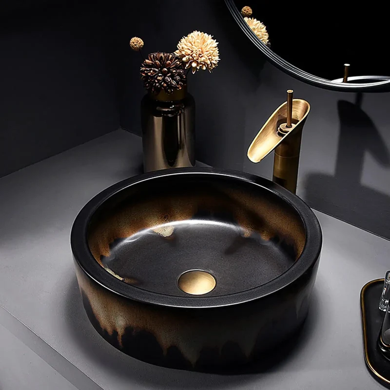 Top Shelf Round Ceramic Vessel Sink With Slick Faucet Combo And Heavy Duty Countertop Mount For Modern Bathroom Vanity Featuring Tough Stain Resistant Art Basin Setup