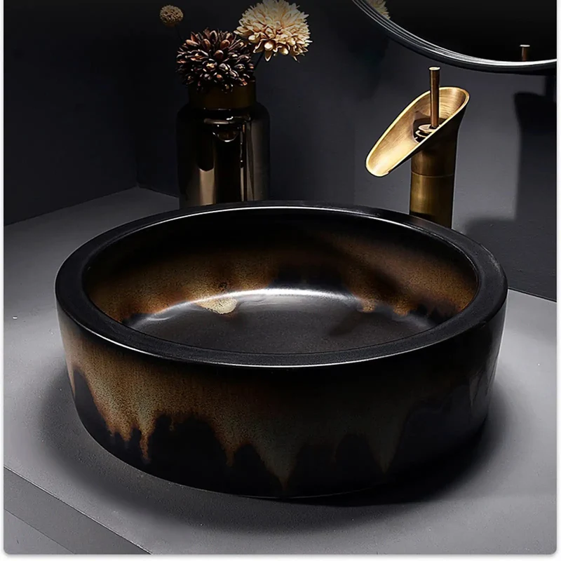 Top Shelf Round Ceramic Vessel Sink With Slick Faucet Combo And Heavy Duty Countertop Mount For Modern Bathroom Vanity Featuring Tough Stain Resistant Art Basin Setup
