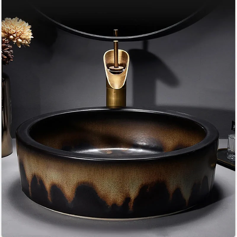 Top Shelf Round Ceramic Vessel Sink With Slick Faucet Combo And Heavy Duty Countertop Mount For Modern Bathroom Vanity Featuring Tough Stain Resistant Art Basin Setup