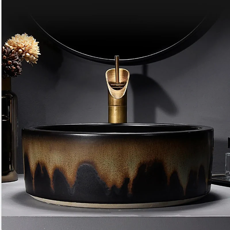 Top Shelf Round Ceramic Vessel Sink With Slick Faucet Combo And Heavy Duty Countertop Mount For Modern Bathroom Vanity Featuring Tough Stain Resistant Art Basin Setup