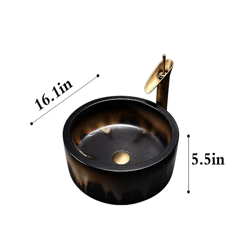 Top Shelf Round Ceramic Vessel Sink With Slick Faucet Combo And Heavy Duty Countertop Mount For Modern Bathroom Vanity Featuring Tough Stain Resistant Art Basin Setup