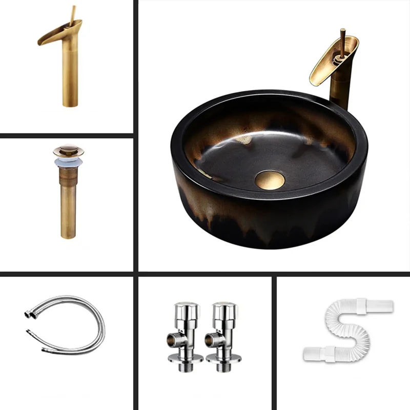 Top Shelf Round Ceramic Vessel Sink With Slick Faucet Combo And Heavy Duty Countertop Mount For Modern Bathroom Vanity Featuring Tough Stain Resistant Art Basin Setup