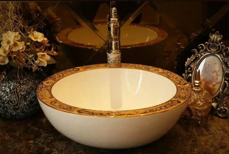 Boss Level Rounded Ceramic Vessel Sink For Countertop Setup Thick Wall Porcelain Wash Basin With Vivid Gold Accent Smooth Surface Premium Bathroom Vanity Flex Decor Pieces
