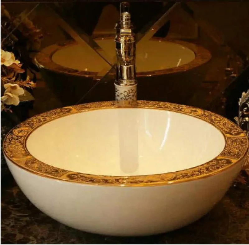 Boss Level Rounded Ceramic Vessel Sink For Countertop Setup Thick Wall Porcelain Wash Basin With Vivid Gold Accent Smooth Surface Premium Bathroom Vanity Flex Decor Pieces