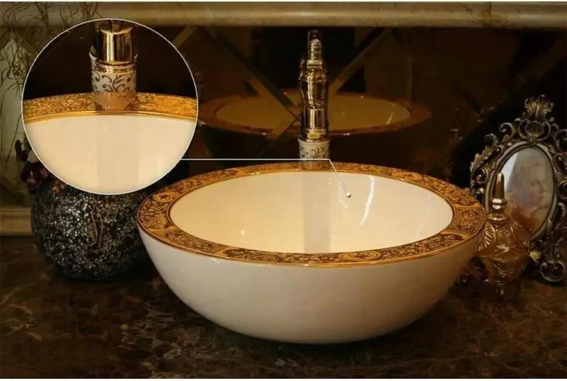 Boss Level Rounded Ceramic Vessel Sink For Countertop Setup Thick Wall Porcelain Wash Basin With Vivid Gold Accent Smooth Surface Premium Bathroom Vanity Flex Decor Pieces
