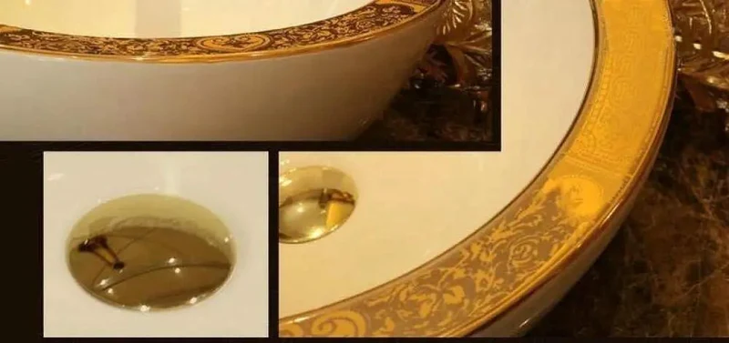Boss Level Rounded Ceramic Vessel Sink For Countertop Setup Thick Wall Porcelain Wash Basin With Vivid Gold Accent Smooth Surface Premium Bathroom Vanity Flex Decor Pieces