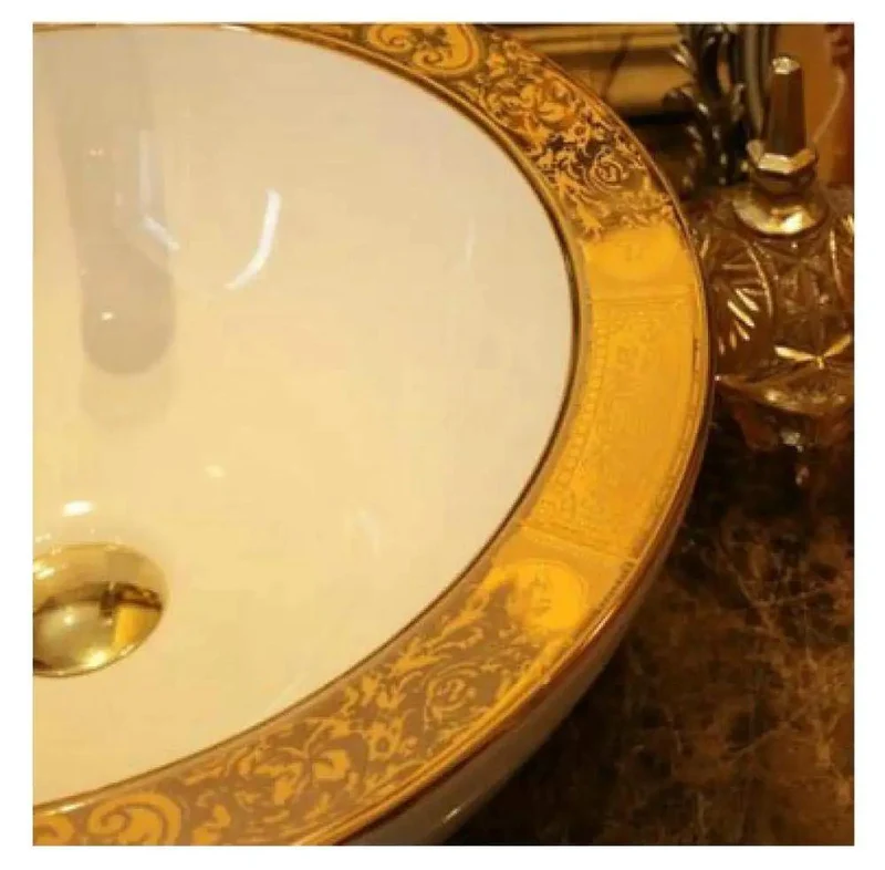 Boss Level Rounded Ceramic Vessel Sink For Countertop Setup Thick Wall Porcelain Wash Basin With Vivid Gold Accent Smooth Surface Premium Bathroom Vanity Flex Decor Pieces