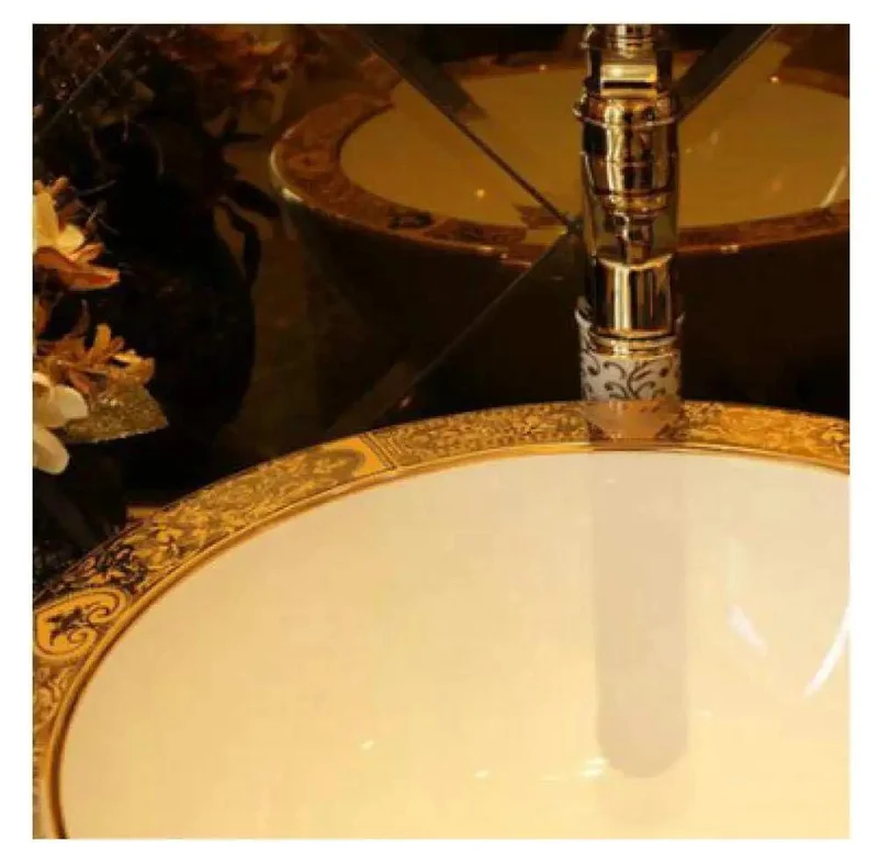 Boss Level Rounded Ceramic Vessel Sink For Countertop Setup Thick Wall Porcelain Wash Basin With Vivid Gold Accent Smooth Surface Premium Bathroom Vanity Flex Decor Pieces