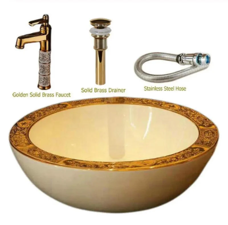 Boss Level Rounded Ceramic Vessel Sink For Countertop Setup Thick Wall Porcelain Wash Basin With Vivid Gold Accent Smooth Surface Premium Bathroom Vanity Flex Decor Pieces